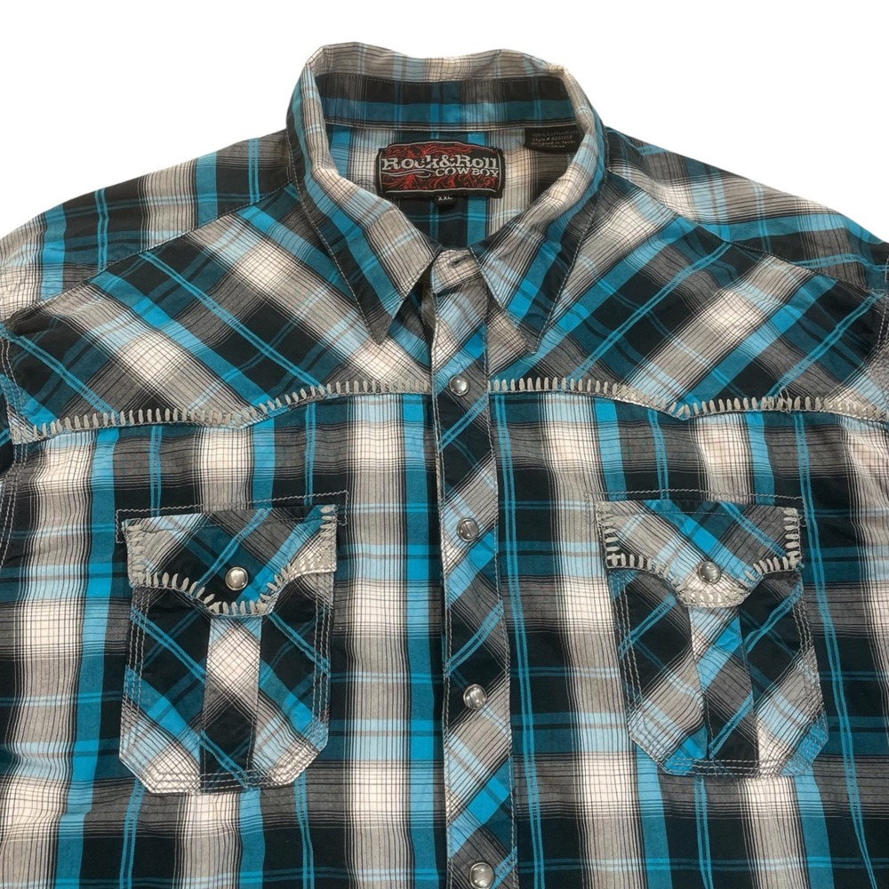 Rock and Roll Cowboy Mens XXL Blue Plaid Pearl Snap Western Shirt B2S1359